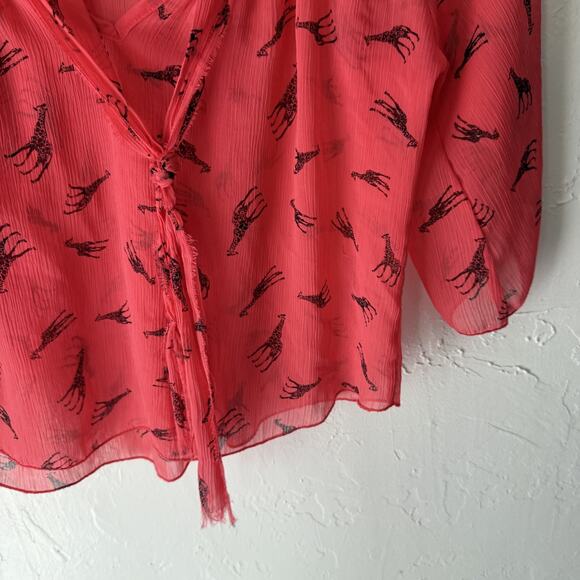 Color of Love Blouse Womens Medium‎ Red Sheer Giraffe Print Boho Peasant Top Tie - Picture 3 of 9